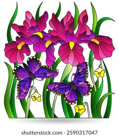 Stained glass illustration with iris flowers and butterflies, compositions isolated on a white background