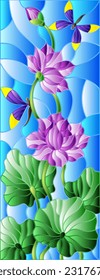 Stained glass illustration with lotus flowers and dragonflies on a blue sky background