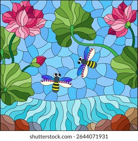 Stained glass illustration with lotus flowers and dragonflies on a background of water and sky