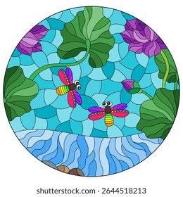 Stained glass illustration with lotus flowers and dragonflies on a background of water and sky