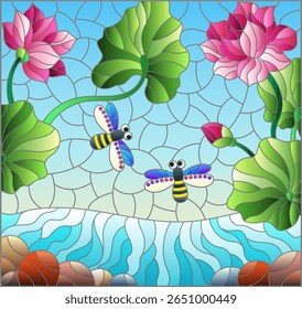Ilustração de vitral com flores de lótus e libélulas em um fundo de água e céu