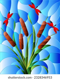 Stained glass illustration with maple reeds and dragonflies on a blue sky background
