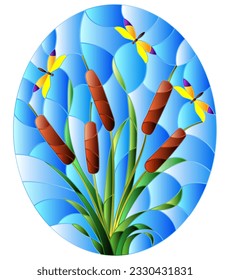 Stained glass illustration with maple reeds and dragonflies on a blue sky background