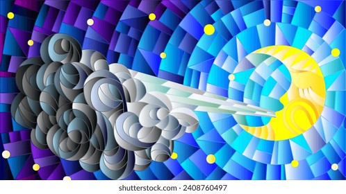 A stained glass illustration with a moon and a cloud on the background of a starry night sky