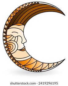 Stained glass illustration  with a  moon with faces, isolated on a white background , tone brown