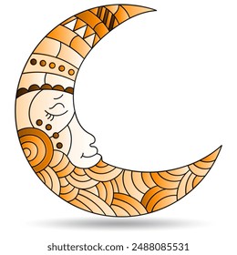 Stained glass illustration  with a  moon with faces, isolated on a white background, tone brown