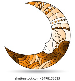 Stained glass illustration  with a  moon with faces, isolated on a white background, tone brown