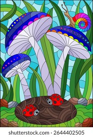 Stained glass illustration with mushrooms and ladybugs on a grass background