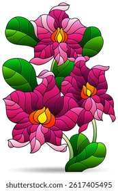 Stained glass illustration with orchid flowers , flowers isolated on a white background
