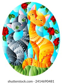 Stained glass illustration with a pair of bright cartoon cats against a blue sky and rose flowers, oval image
