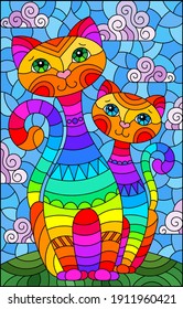 A stained glass illustration with a pair of cartoon cats in a meadow against a cloudy sky