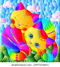 A stained glass illustration with a pair of cartoon cats in a meadow against a cloudy sky