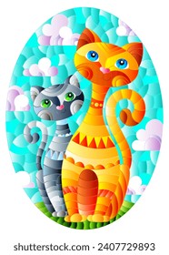 A stained glass illustration with a pair of cartoon cats in a meadow against a cloudy sky, oval image