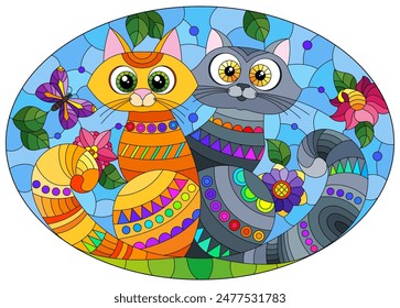 Ilustración de vitral con un par de gatos de dibujos animados en un prado contra un cielo y flores, Imagen oval