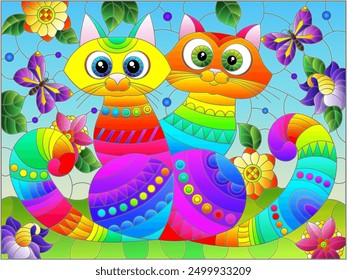 A stained glass illustration with a pair of cartoon cats in a meadow against a sky and flowers