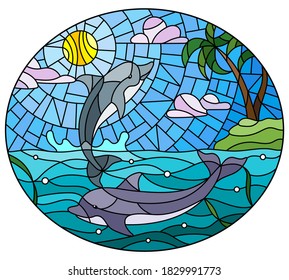 Stained glass illustration with a pair of dolphins on a Sunny sky and sea background, oval image