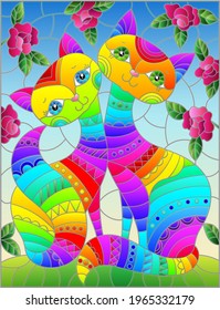 Stained glass illustration with a pair of rainbow cartoon cats against a blue sky and rose flowers