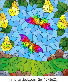 Stained glass illustration with pear branches and butterflies on a meadow and sky background