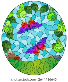 Stained glass illustration with pear branches and butterflies on a meadow and sky background