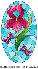 A stained glass illustration with a pink iris flower and butterflies on a blue background, oval image