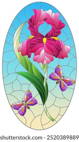 A stained glass illustration with a pink iris flower and butterflies on a blue background, oval image