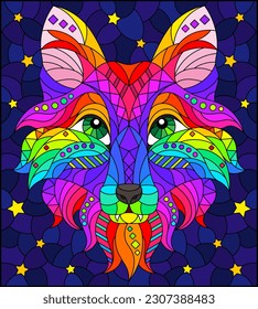 A stained glass illustration with a portrait of an abstract bright fox, an animal on a blue background, a square image
