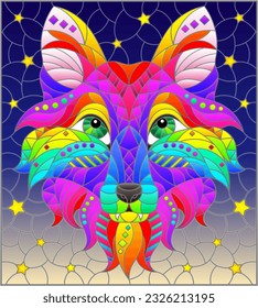 A stained glass illustration with a portrait of an abstract bright fox, an animal on a blue background, a square image