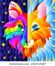 A stained glass illustration with a portrait of an abstract bright fox, an animal on a blue background, a square image