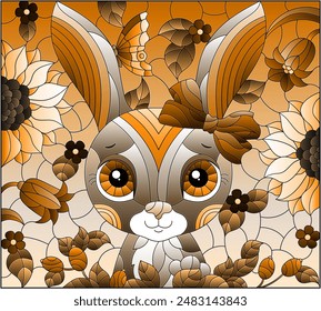 Stained glass illustration with a portrait of a cute cartoon rabbit on a background of flowers, rectangular image, tone brown