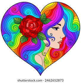 A stained glass illustration with a portrait of a girl with bright hair and a heart-shaped rose