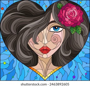 A stained glass illustration with a portrait of a girl with brown hair and a heart-shaped rose, on a blue background