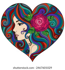 A stained glass illustration with a portrait of a girl with bright hair and a heart-shaped rose