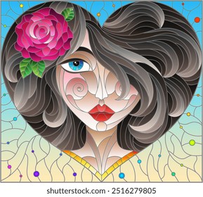 A stained glass illustration with a portrait of a girl with brown hair and a heart-shaped rose, on a blue background