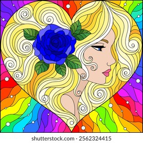 A stained glass illustration with a portrait of a girl with blond hair and a heart-shaped rose, on a rainbow background