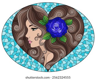 A stained glass illustration with a portrait of a girl with brown hair and a heart-shaped rose, on a blue background