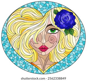 A stained glass illustration with a portrait of a girl with blond hair and a heart-shaped rose, on a blue background