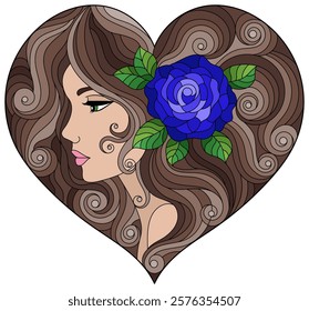 A stained glass illustration with a portrait of a girl with bright hair and a heart-shaped rose