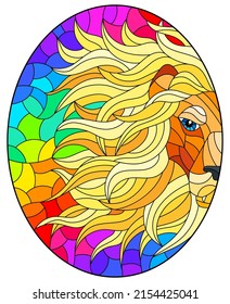 Stained glass illustration with a portrait of a lion on a rainbow background , oval image