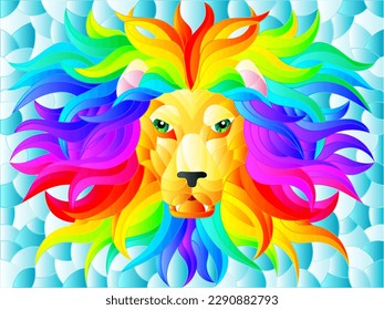 Stained glass illustration with a portrait of a lion on a blue background , rectangular image