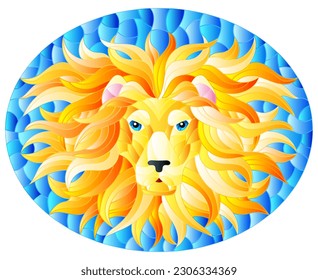 Stained glass illustration with a portrait of a lion on a blue background , rectangular image, oval image