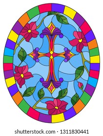 Stained glass illustration with a  purple Christian cross in the sky and pink flowers, oval picture in a bright frame