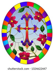 Stained glass illustration with a  purple Christian cross in the sky and pink flowers, oval picture in a bright frame