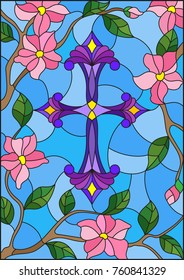 Stained glass illustration with a  purple Christian cross in the sky and pink flowers