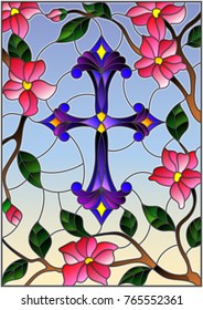 Stained glass illustration with a  purple Christian cross in the sky and pink flowers