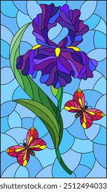 A stained glass illustration with a purple iris flower and butterflies on a blue background