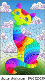 Stained glass illustration with a rainbow cartoon cat against a blue sky with clouds, rectangular image
