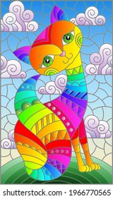 Stained glass illustration with a rainbow cartoon cat against a blue sky with clouds, rectangular image