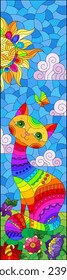 Stained glass illustration with a rainbow cartoon cat against a blue sky, flowers and sun