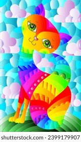 Stained glass illustration with a rainbow cartoon cat against a blue sky with clouds, rectangular image