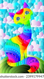 Stained glass illustration with a rainbow cartoon cat against a blue sky with clouds, rectangular image